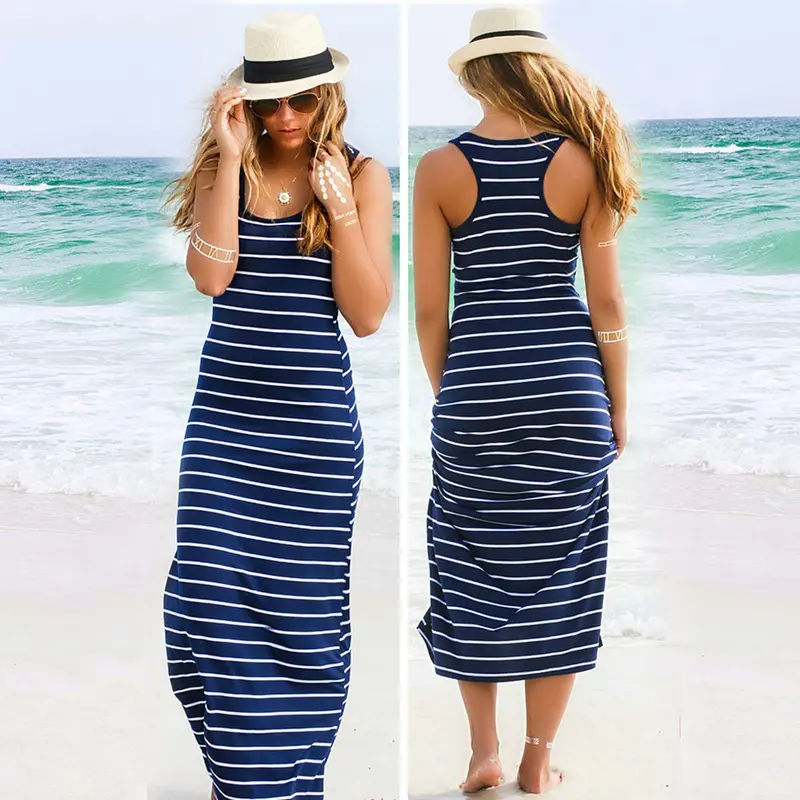 Plus Size Long Dress Women Sleeveless Striped Loose Long Dress Beach Party Casual Sundress Womens Clothing Feida 6