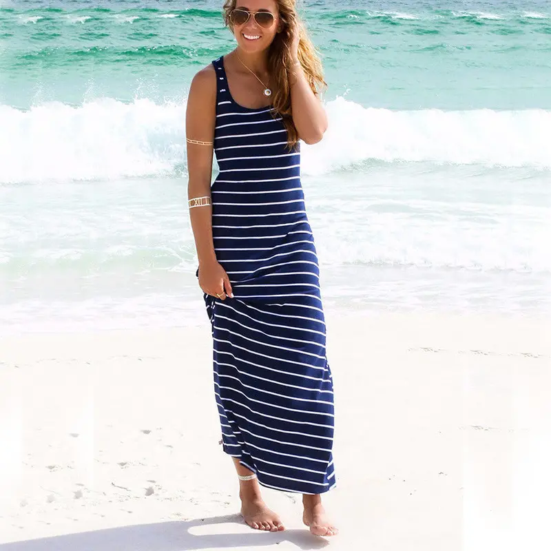 Plus Size Long Dress Women Sleeveless Striped Loose Long Dress Beach Party Casual Sundress Womens Clothing Feida 6