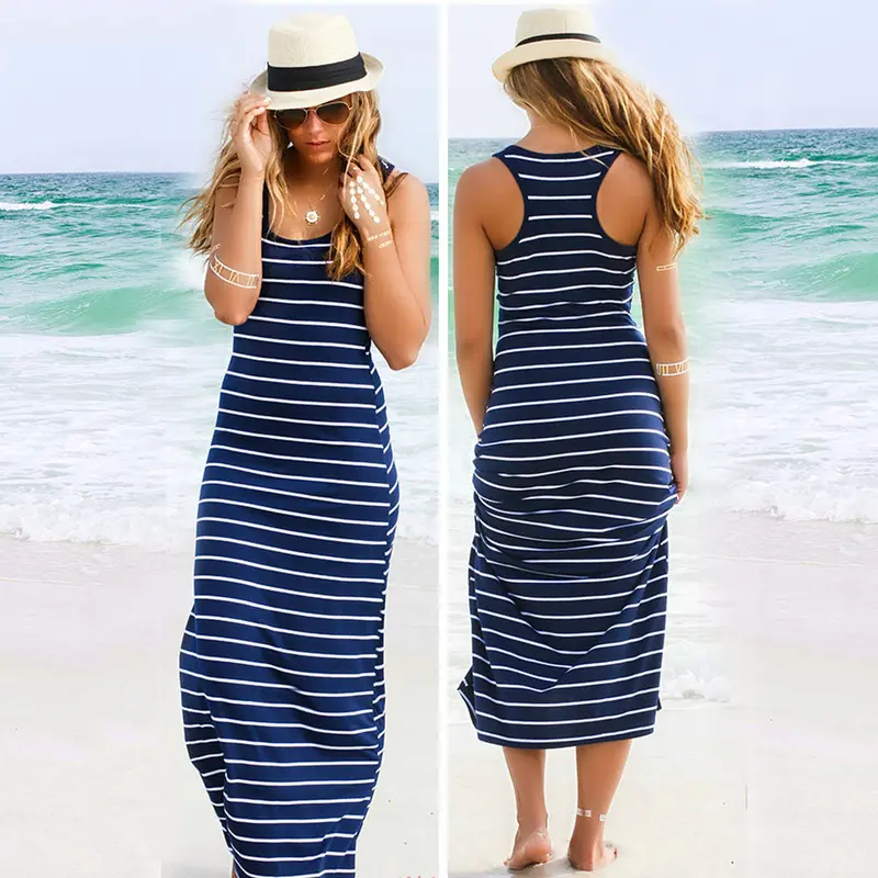 Plus Size Long Dress Women Sleeveless Striped Loose Long Dress Beach Party Casual Sundress Womens Clothing Feida 7