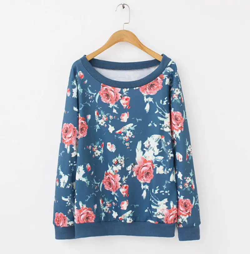 Plus Size Retro Floral Print Long Sleeve Casual Sweatshirt Women O Neck Pullover Sweats Tops 1