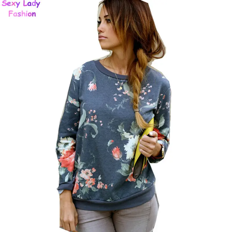 Plus Size Retro Floral Print Long Sleeve Casual Sweatshirt Women O Neck Pullover Sweats Tops 2