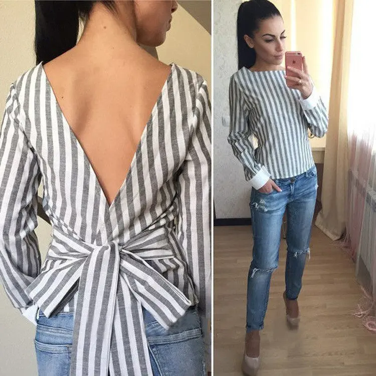 Plus Size Sexy Striped Open Back Deep V Tops Long Sleeved Bandage Shirt For Women Ladies Clothes Lx008 1