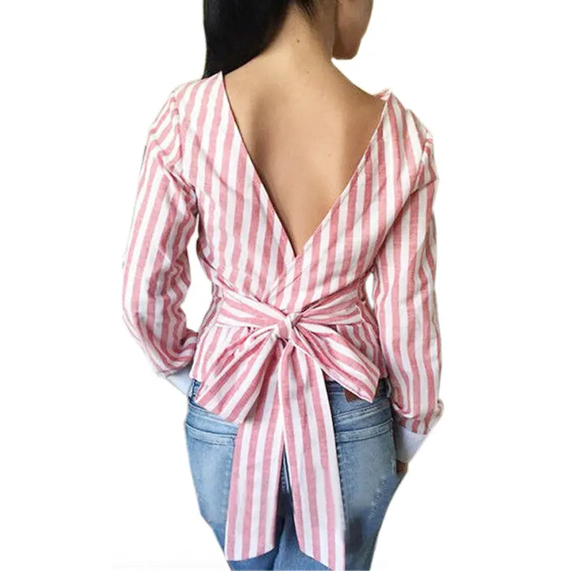 Plus Size Sexy Striped Open Back Deep V Tops Long Sleeved Bandage Shirt For Women Ladies Clothes Lx008 3