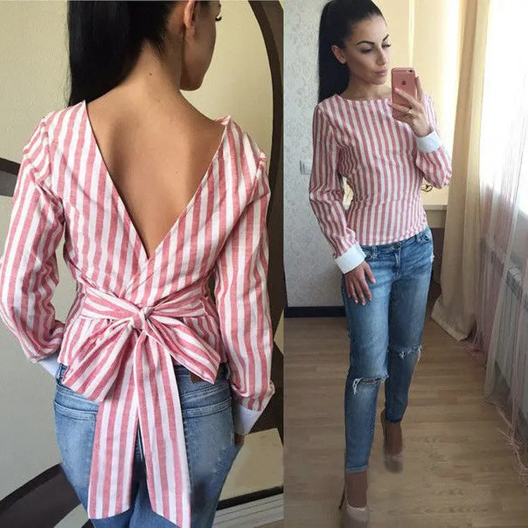 Plus Size Sexy Striped Open Back Deep V Tops Long Sleeved Bandage Shirt For Women Ladies Clothes Lx008 4
