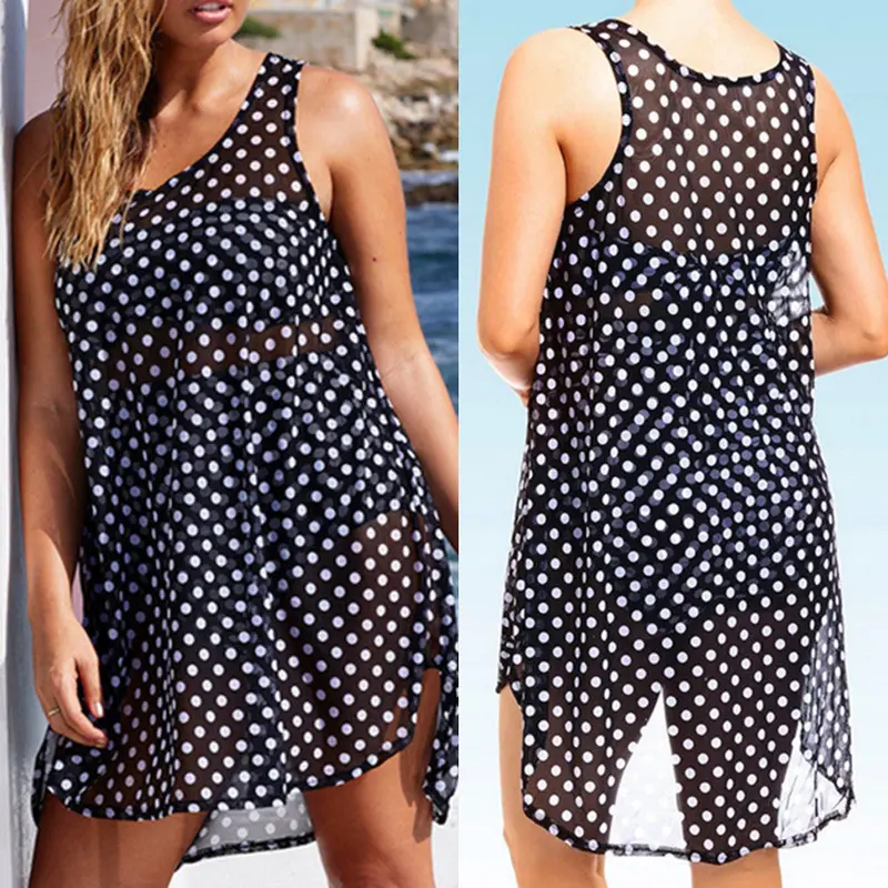 Plus Size Sleeveless Dots Printed Vest Chiffon Dress Dark Blue Beach Dress Cover Up Vestidos Dress 2