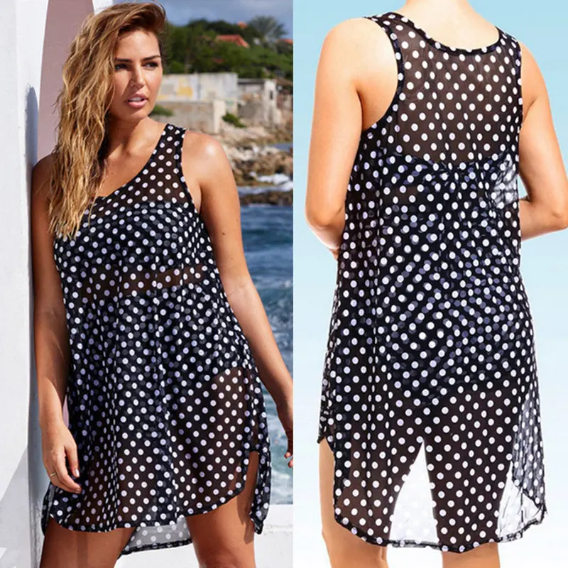Plus Size Sleeveless Dots Printed Vest Chiffon Dress Dark Blue Beach Dress Cover Up Vestidos Dress 3