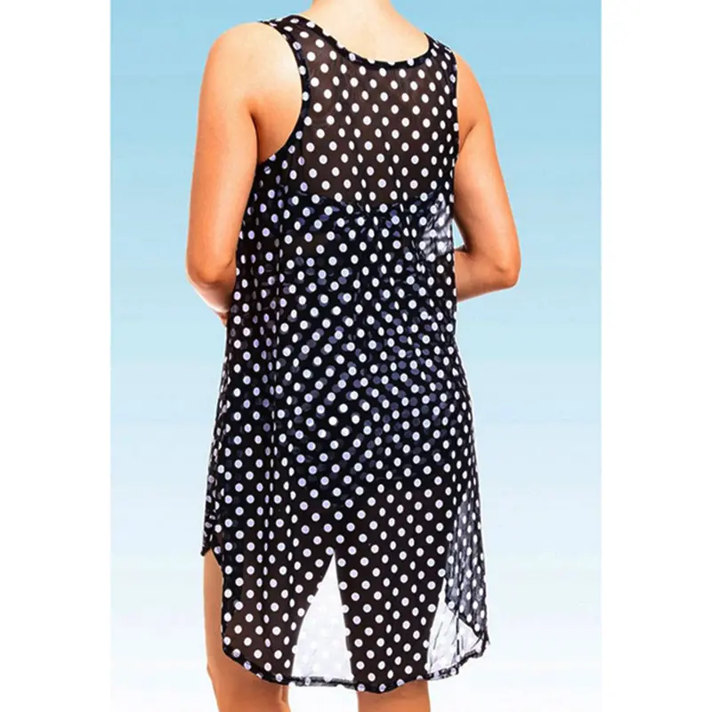 Plus Size Sleeveless Dots Printed Vest Chiffon Dress Dark Blue Beach Dress Cover Up Vestidos Dress 4