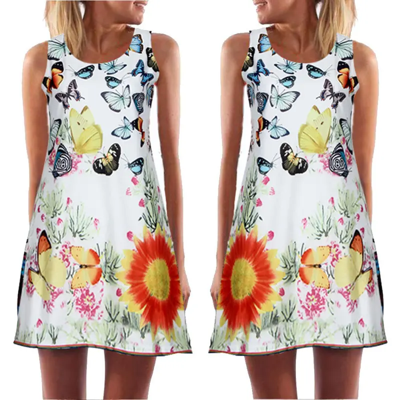 Plus Size Vestidos Women Sleeveless Beach Dress Butterfly Printed Boho Party Short Mini Dress 1