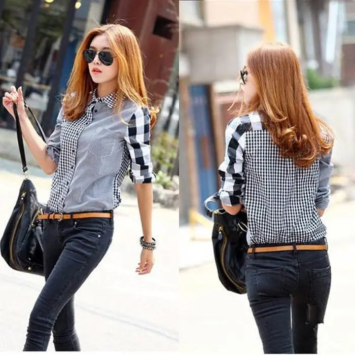 Plus Size Women Casual Button Down Long Sleeve Checks Shirt Lattice Blouse Feida 1