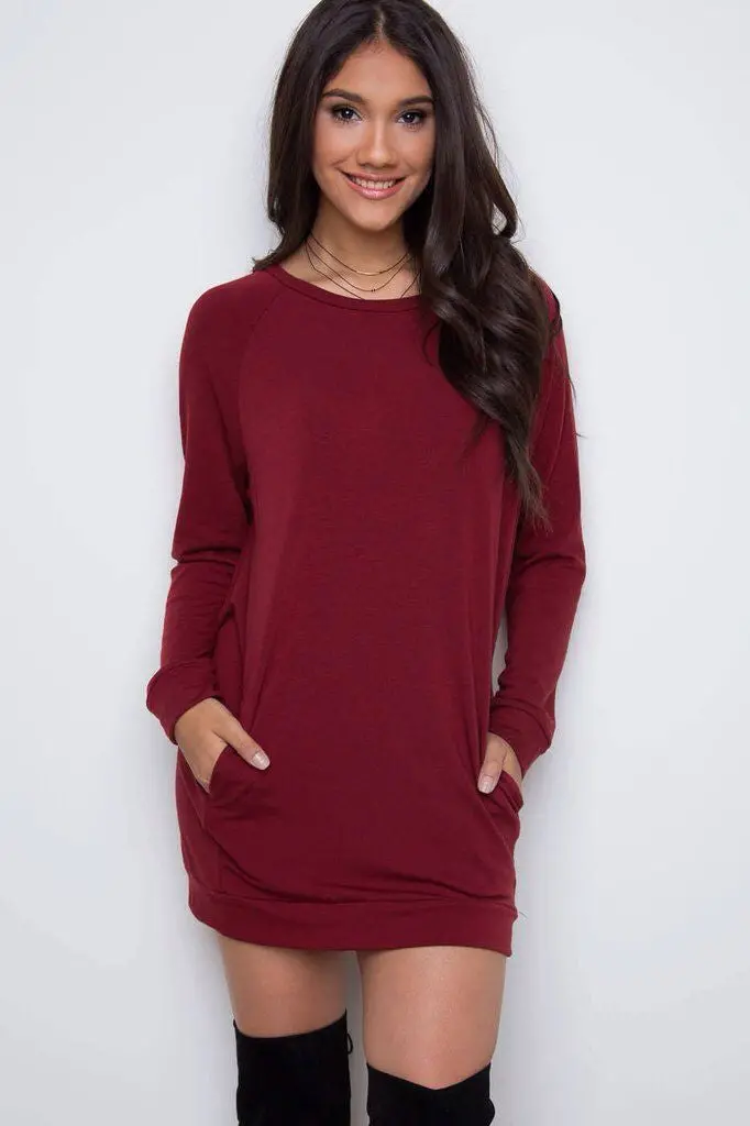 Plus Size Women Casual Dress Long Sleeve Pocket Casual Mini Dress Warm Solid Color Loose Dress Vestidos Gv329 5