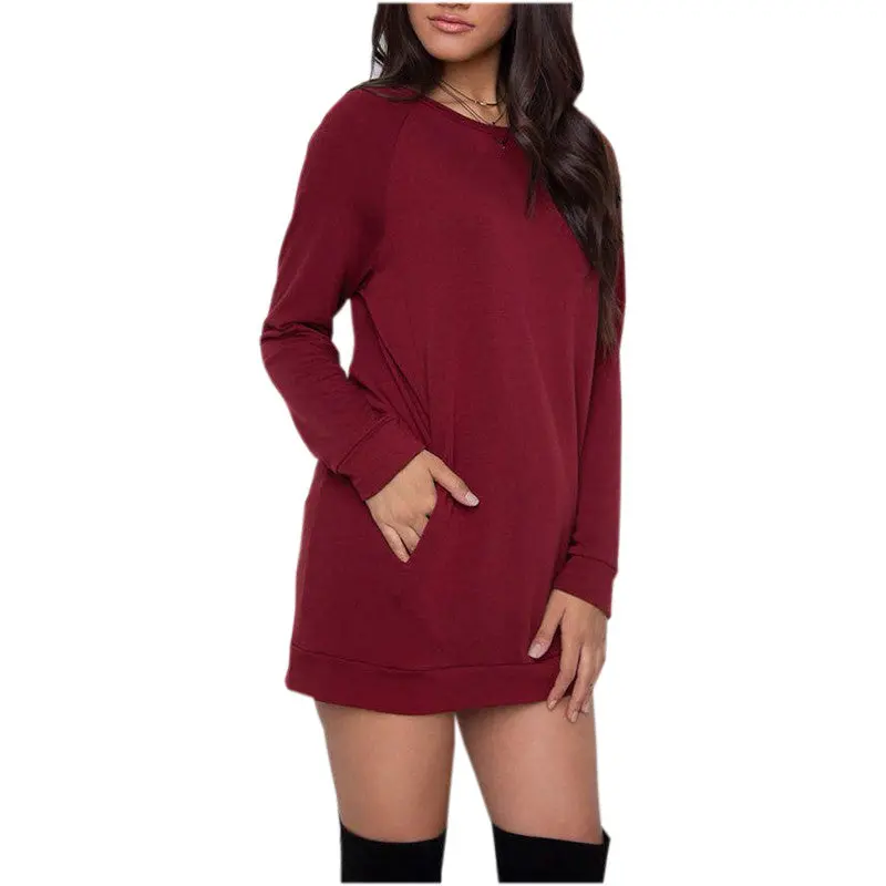 Plus Size Women Casual Dress Long Sleeve Pocket Casual Mini Dress Warm Solid Color Loose Dress Vestidos Gv329 7