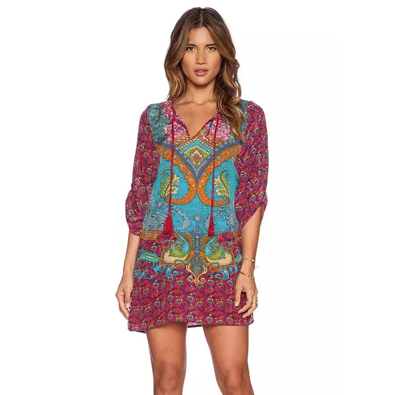 Plus Size Women Clothing Bohemian Dress Neck Tie Vintage Printed Ethnic Style Shift Dress Feida 1