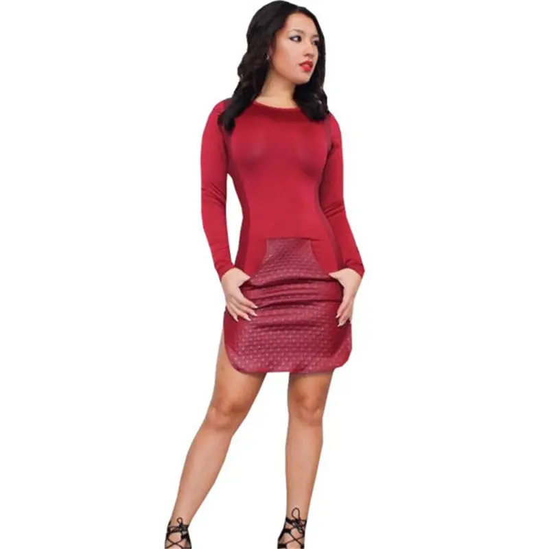 Plus Size Women Clothing Sexy Side Split Women Dress Long Sleeve Leather Patchwork Mini Dresses Slim Womens Dress 1