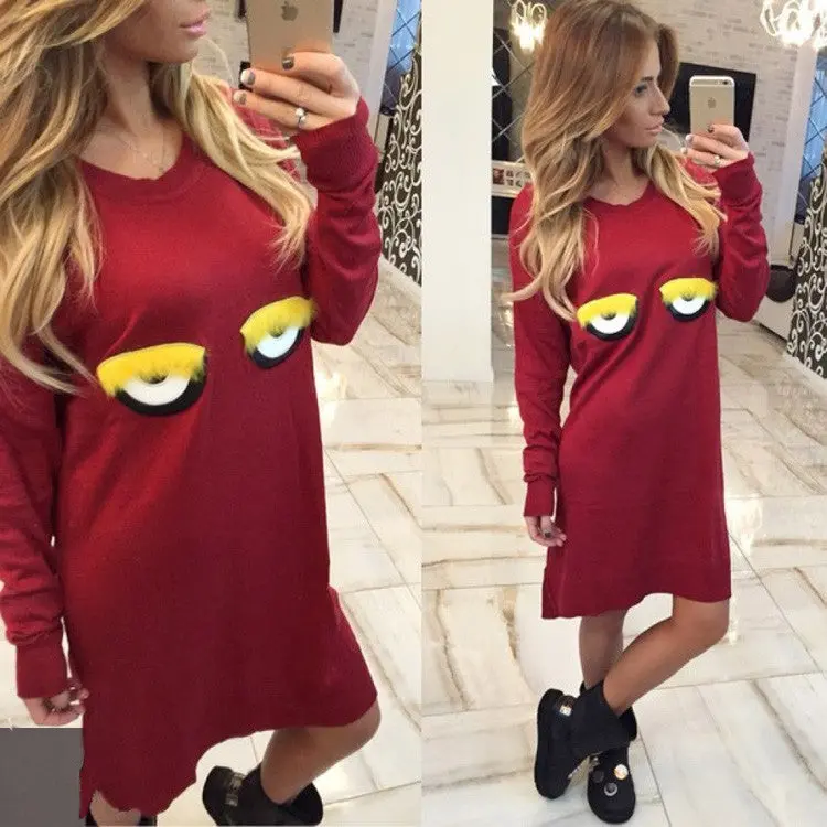 Plus Size Women Dress Casual Loose Cute Cartoon Eye Warm Dress Vestidos Fall Party Dresses Gv415 5
