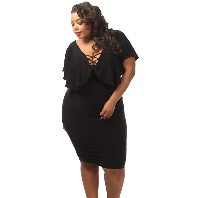 Plus Size Women Dress V Neck Ruffle Lace Up Sexy Bodycon Dress Solid Sexy Pencil Dress Vestidos 1