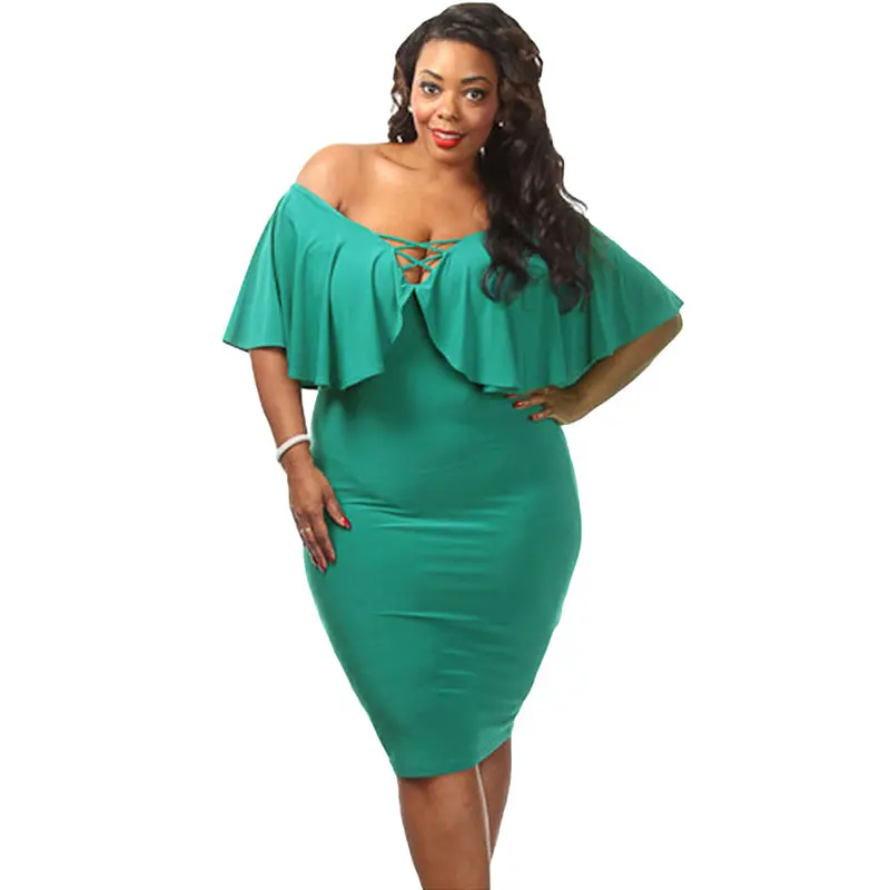 Plus Size Women Dress V Neck Ruffle Lace Up Sexy Bodycon Dress Solid Sexy Pencil Dress Vestidos 4