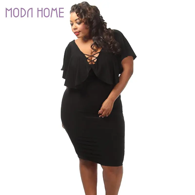 Plus Size Women Dress V Neck Ruffle Lace Up Sexy Bodycon Dress Solid Sexy Pencil Dress Vestidos 4