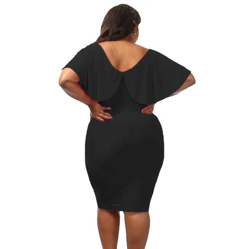 Plus Size Women Dress V Neck Ruffle Lace Up Sexy Bodycon Dress Solid Sexy Pencil Dress Vestidos 6
