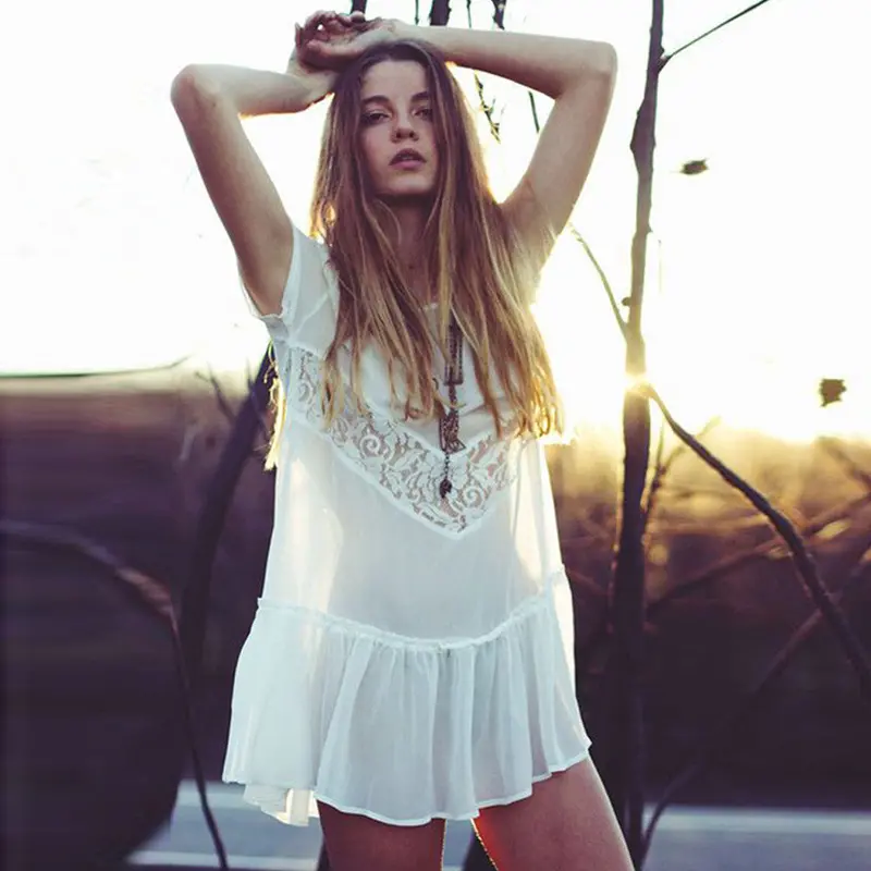 Plus Size Women Lace Splice Dress White Short Sleeve Evening Party Short Mini Club Dress 1