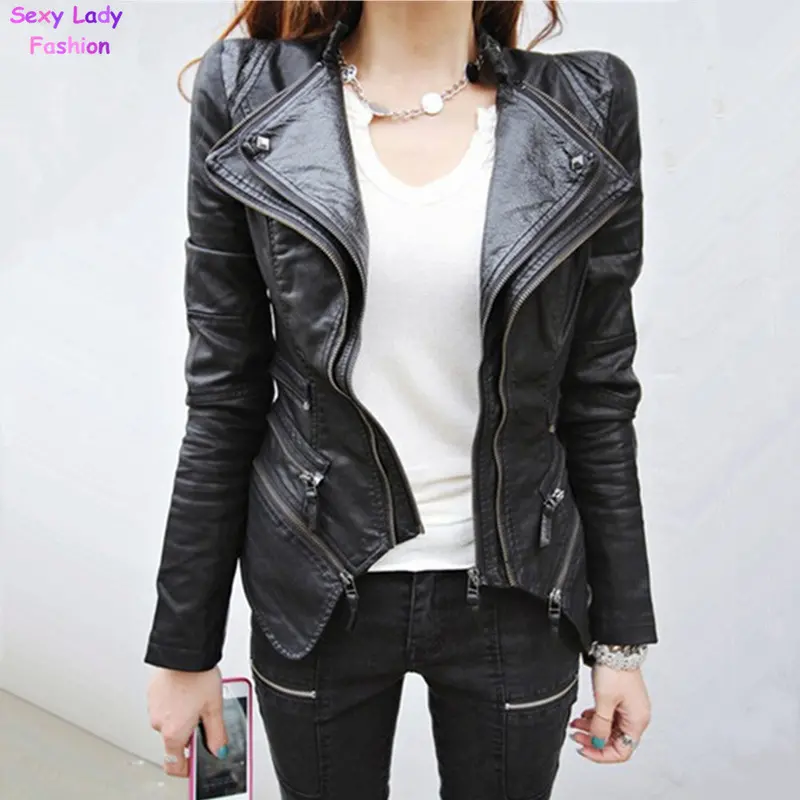 Plus Size Women's Spliced Snake Doulbe Lapel & Shrug Shoulder Pads Biker Faux Leather Jacket Zipper Exposed Asymmetric Coat 2
