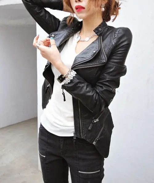 Plus Size Women's Spliced Snake Doulbe Lapel & Shrug Shoulder Pads Biker Faux Leather Jacket Zipper Exposed Asymmetric Coat 3