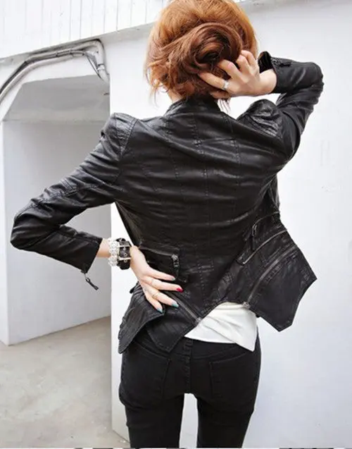 Plus Size Women's Spliced Snake Doulbe Lapel & Shrug Shoulder Pads Biker Faux Leather Jacket Zipper Exposed Asymmetric Coat 4