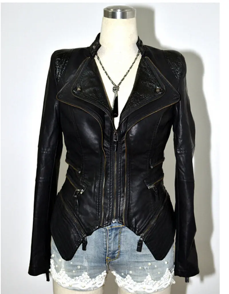 Plus Size Women's Spliced Snake Doulbe Lapel & Shrug Shoulder Pads Biker Faux Leather Jacket Zipper Exposed Asymmetric Coat 6