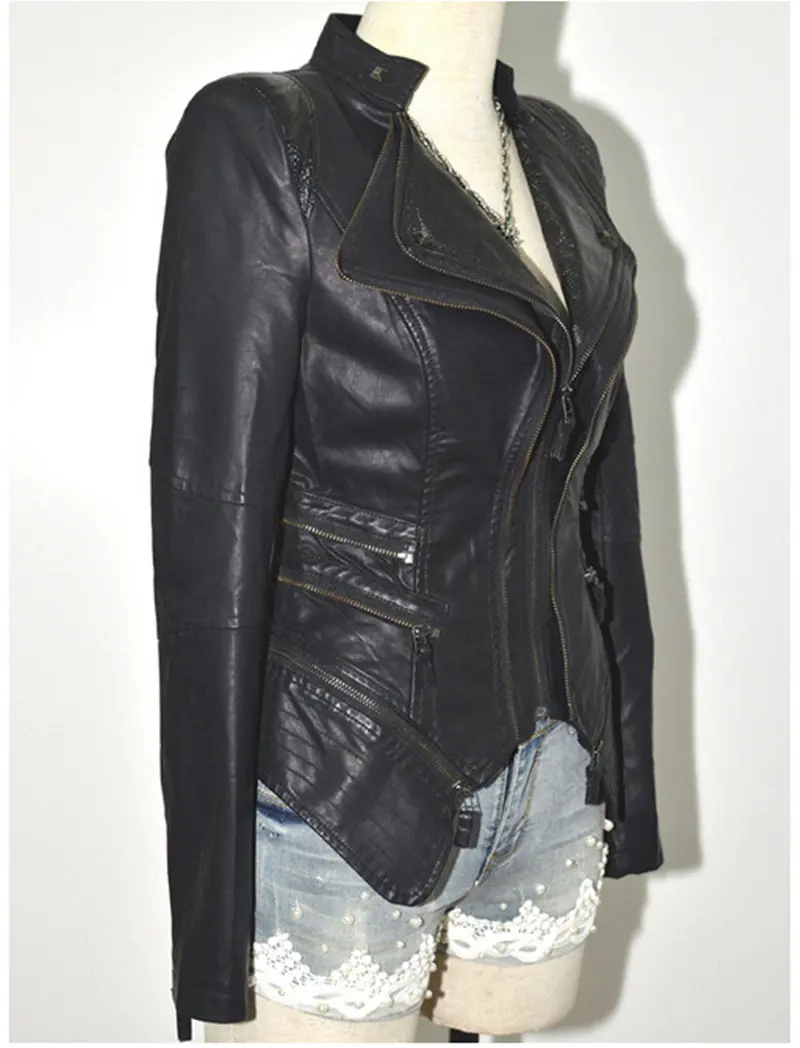 Plus Size Women's Spliced Snake Doulbe Lapel & Shrug Shoulder Pads Biker Faux Leather Jacket Zipper Exposed Asymmetric Coat 7