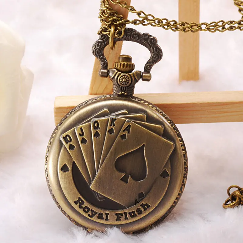 Poker Pattern Style Steampunk Clock Quartz Necklace Pendant Clock Pocket Watch Chain Feida 1