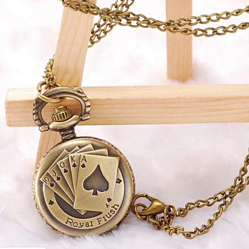 Poker Pattern Style Steampunk Clock Quartz Necklace Pendant Clock Pocket Watch Chain Feida 2