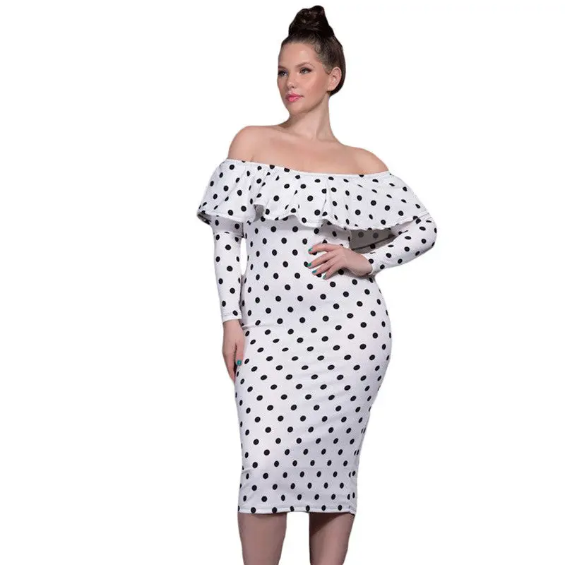 Polka Dot Black Vintage Dress Plus Size Elegant Party Dress Off Shoulder Long Sleeve Midi Bodycon Dress 1