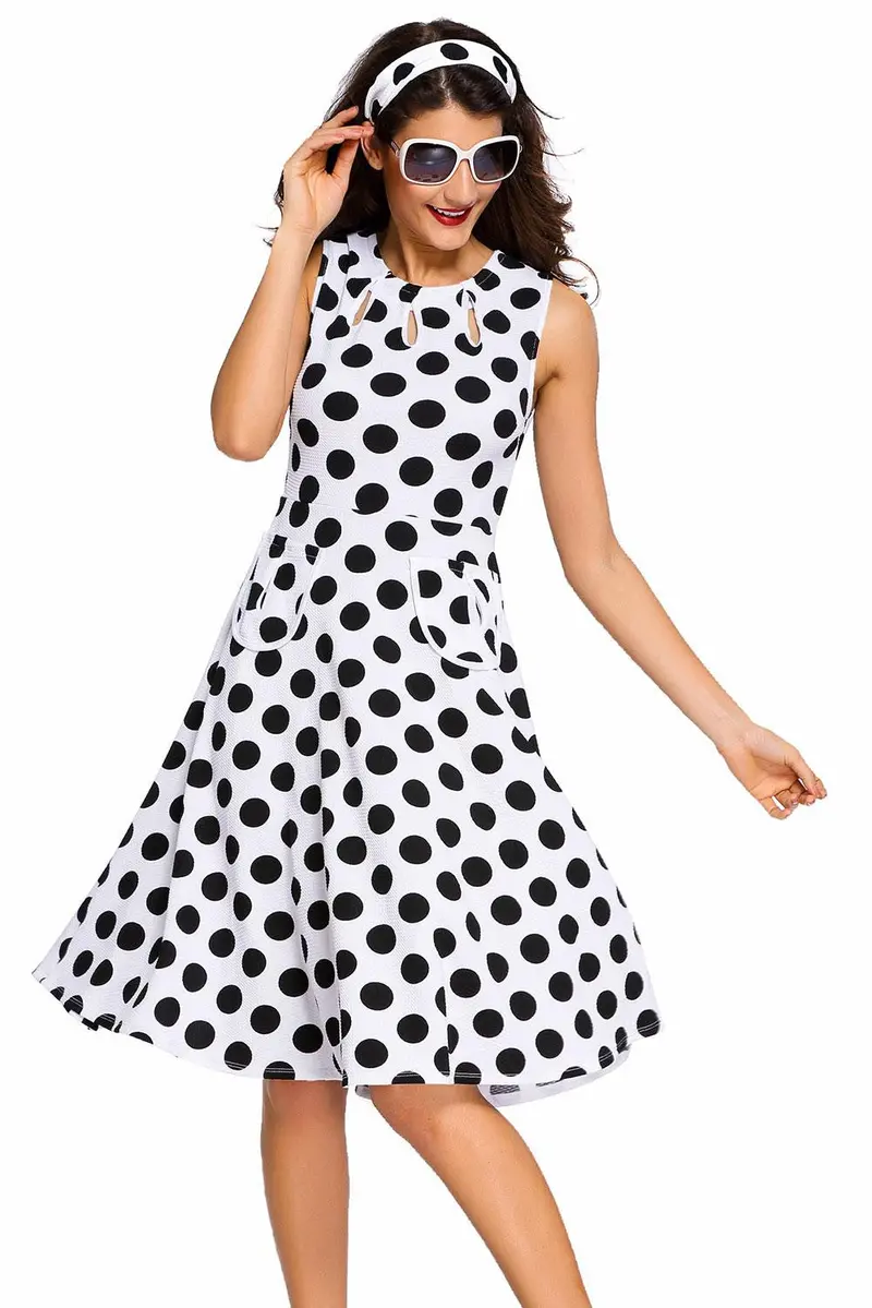 Polka Dot Dress Cute Black Skater Dress Casual Sleeveless Knee Length Short Party Dresses Sundress 1