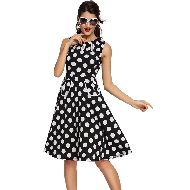 Polka Dot Dress Cute Black Skater Dress Casual Sleeveless Knee Length Short Party Dresses Sundress 4