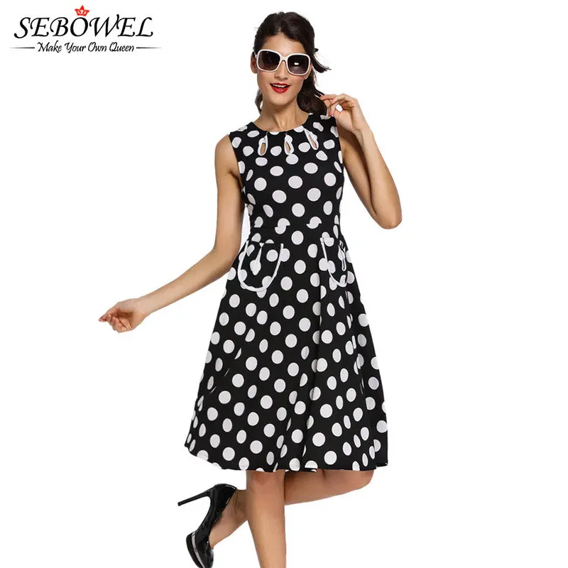 Polka Dot Dress Cute Black Skater Dress Casual Sleeveless Knee Length Short Party Dresses Sundress 5