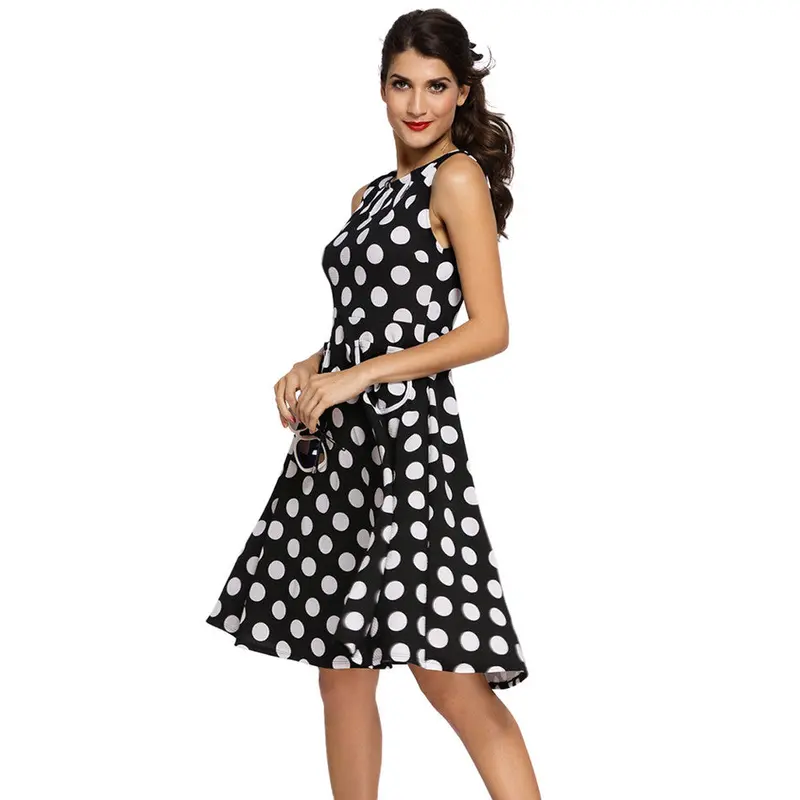 Polka Dot Dress Cute Black Skater Dress Casual Sleeveless Knee Length Short Party Dresses Sundress 6