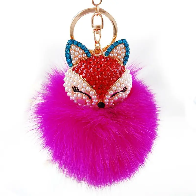 Pom Pom Keychain Fox Fur Ball With Artificial Fox Head Inlay Pearl Rhinestone Key Chain Feida 1