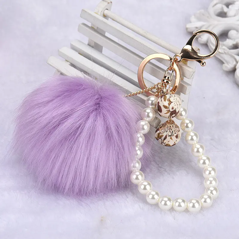 Pom Pom Keychain Women Cool Gifts For Best Friends Beads Alloy Keyring Hanging Plush Ball Ornaments Feida 5
