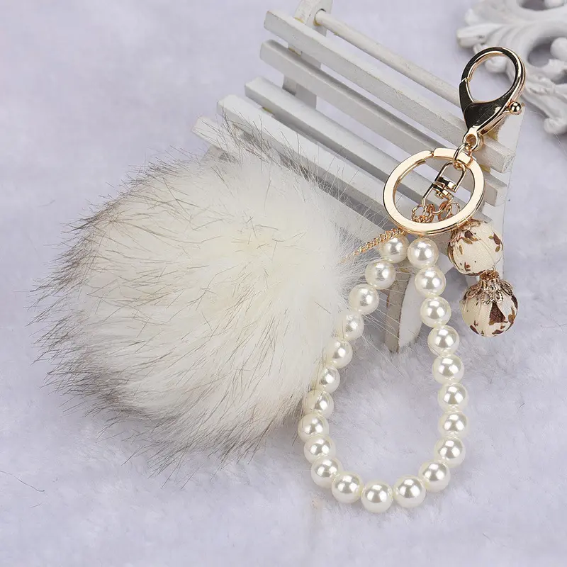 Pom Pom Keychain Women Cool Gifts For Best Friends Beads Alloy Keyring Hanging Plush Ball Ornaments Feida 6