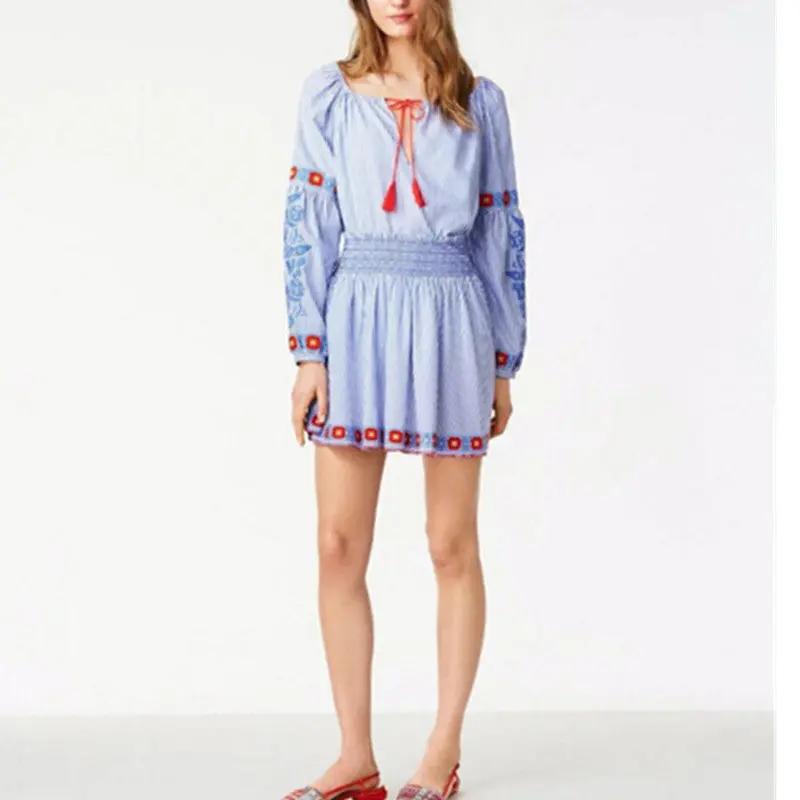 Pope Ethnic Embroidery Dress 1 Set 2 Pieces Woman Vintage Tassel Lace Up O-Neck Short Dresses Femme Loose Dress Skyblue 3