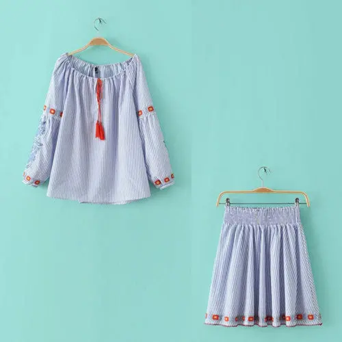 Pope Ethnic Embroidery Dress 1 Set 2 Pieces Woman Vintage Tassel Lace Up O-Neck Short Dresses Femme Loose Dress Skyblue 4