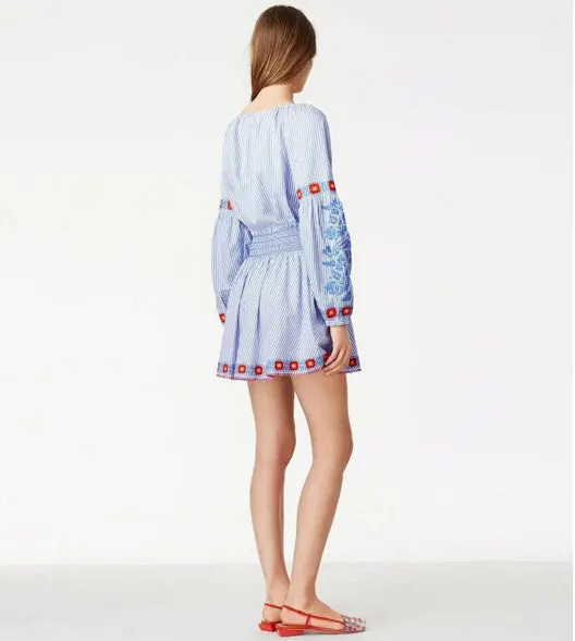 Pope Ethnic Embroidery Dress 1 Set 2 Pieces Woman Vintage Tassel Lace Up O-Neck Short Dresses Femme Loose Dress Skyblue 4