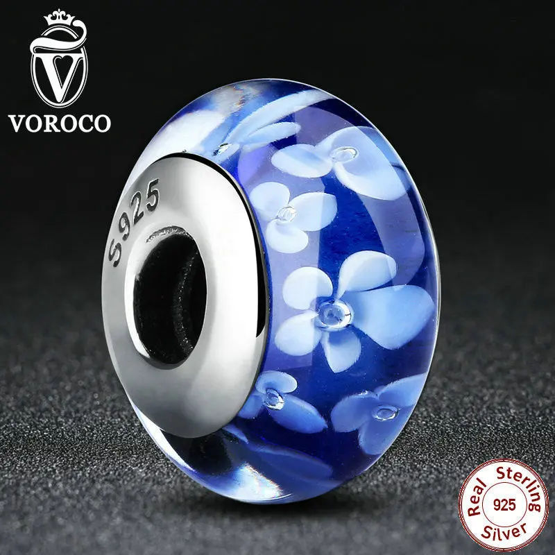 Popular Blue Flower Pattern European Murano Glass Beads Charms Fit Pan Bracelets Bangles Z006 1