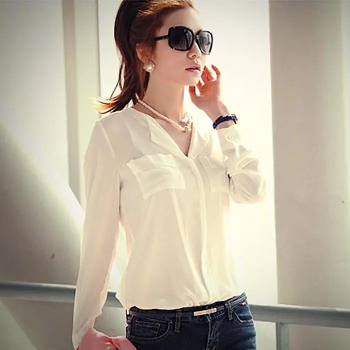 Popular Womens Long Sleeve Ol Career Chiffon Button Down Shirt Top Blouse 1