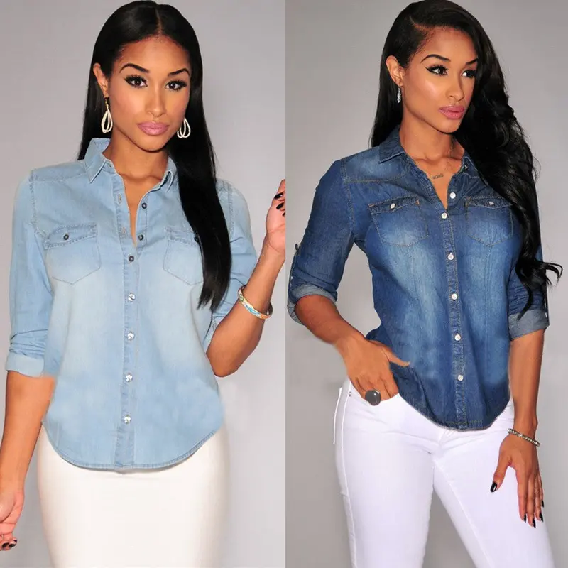 Popularcotton Chambray Long Denim Classic Shirt Dress Washed-Denim Shirts Snap Button Pocket 3