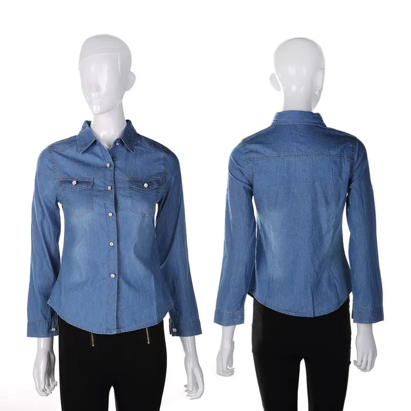 Popularcotton Chambray Long Denim Classic Shirt Dress Washed-Denim Shirts Snap Button Pocket 5