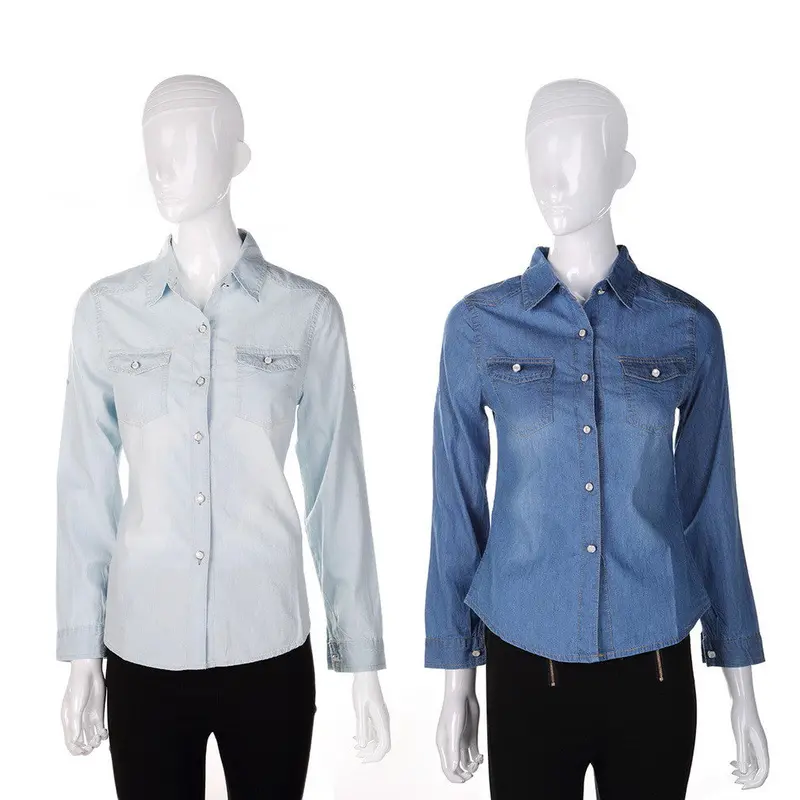 Popularcotton Chambray Long Denim Classic Shirt Dress Washed-Denim Shirts Snap Button Pocket 5