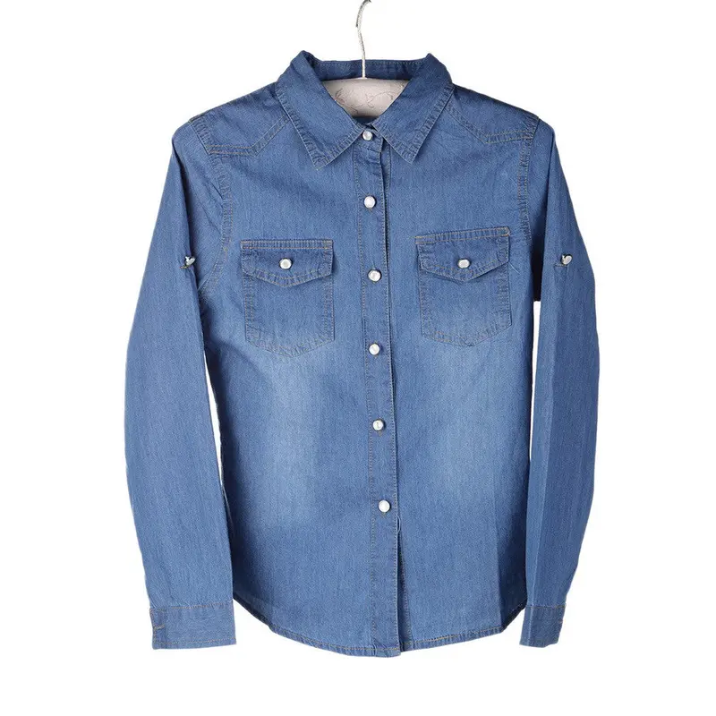 Popularcotton Chambray Long Denim Classic Shirt Dress Washed-Denim Shirts Snap Button Pocket 6