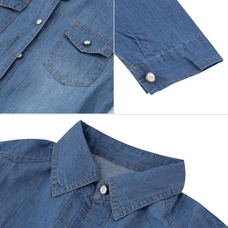 Popularcotton Chambray Long Denim Classic Shirt Dress Washed-Denim Shirts Snap Button Pocket 7