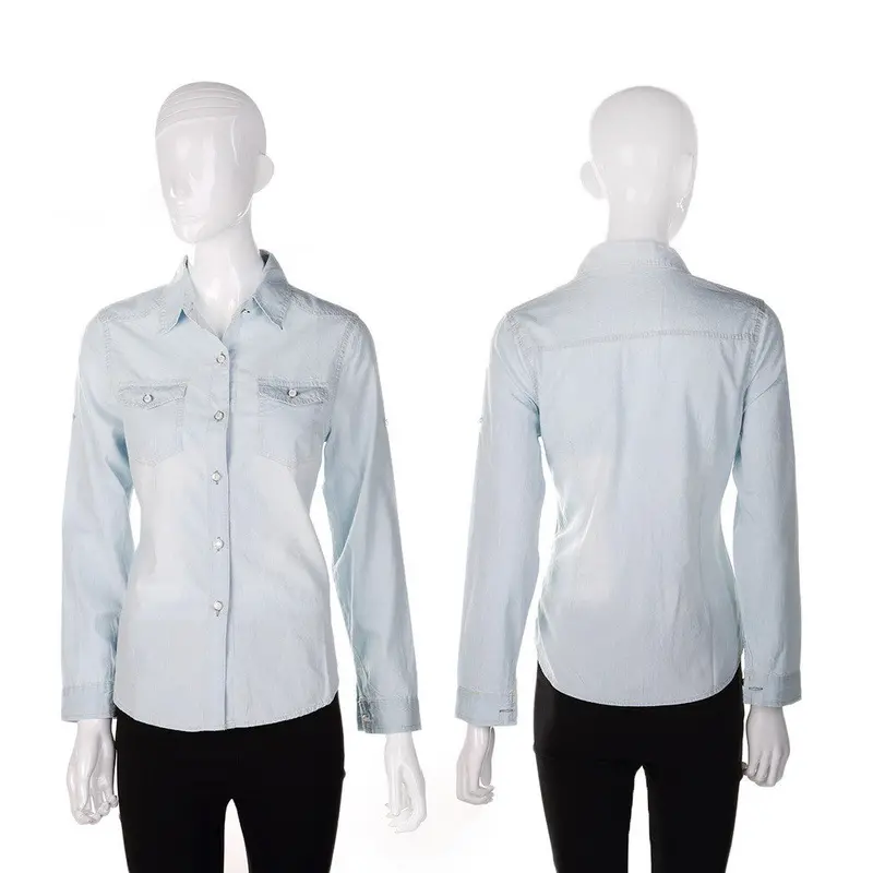 Popularcotton Chambray Long Denim Classic Shirt Dress Washed-Denim Shirts Snap Button Pocket 8