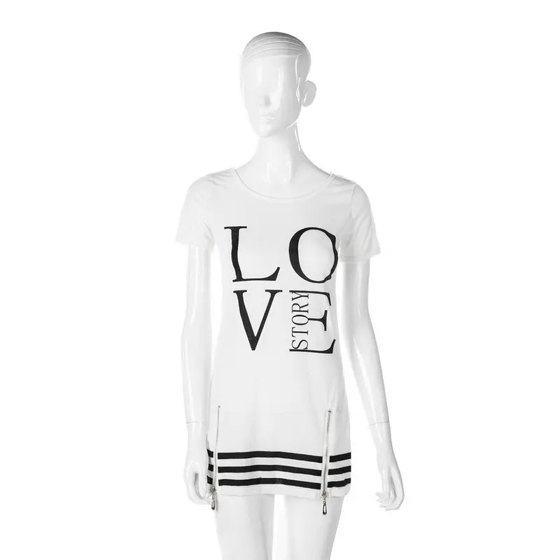 Popularstyle Casualletter Print O Neck Short Sleeve Zipper Long Aboveknee Dress Tops Blouse 1